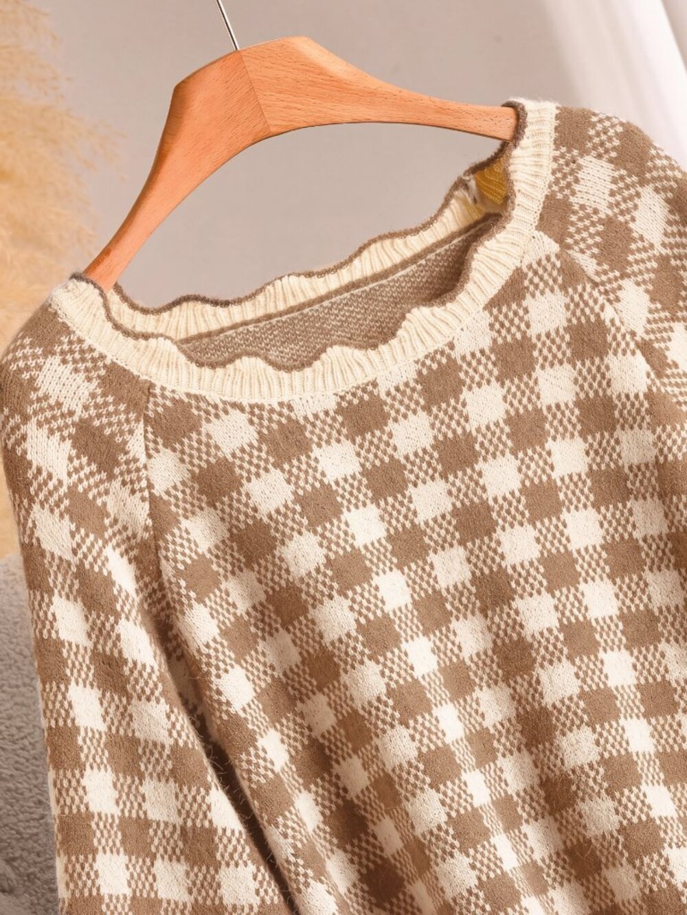 Apricot Casual Women's Plus Size Plaid Long Sleeve Sweater - Picture 3 of 6